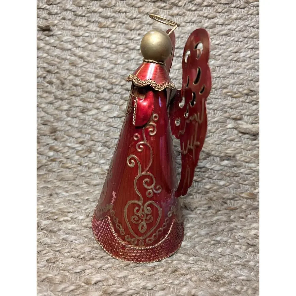 Christmas Red Metal Angel Playing Harp Instrument Gold Holiday Tabletop Decor